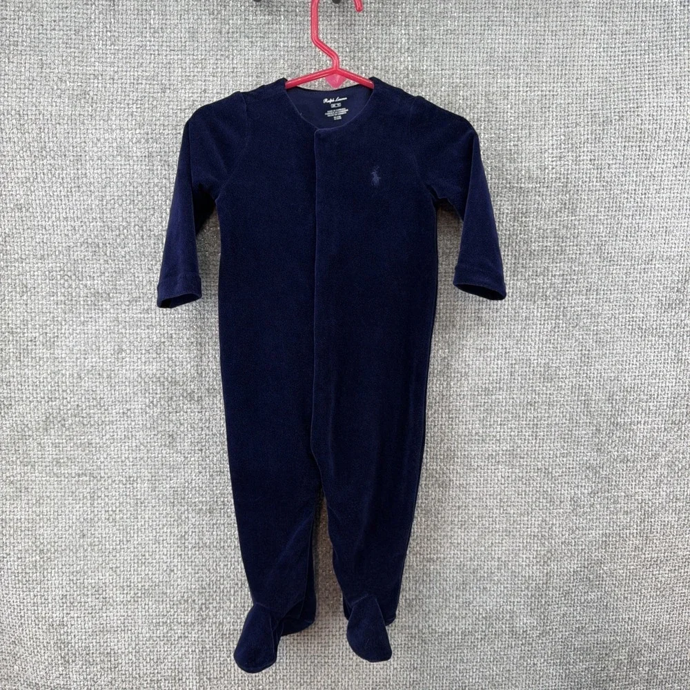 Ralph Lauren Navy Velvet One Piece Baby 6M Light Blue Pony Logo Snap Closure‎